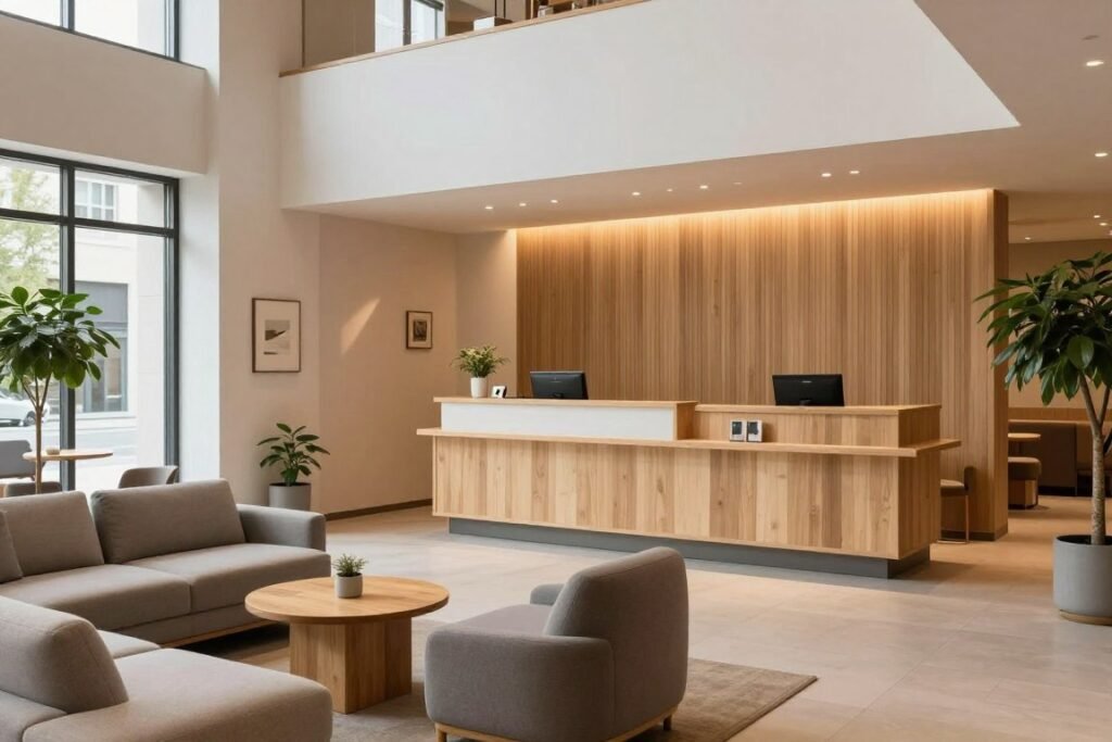 Modern hotel lobby at Leonardo Royal or Scandic Hotel in Nuremberg