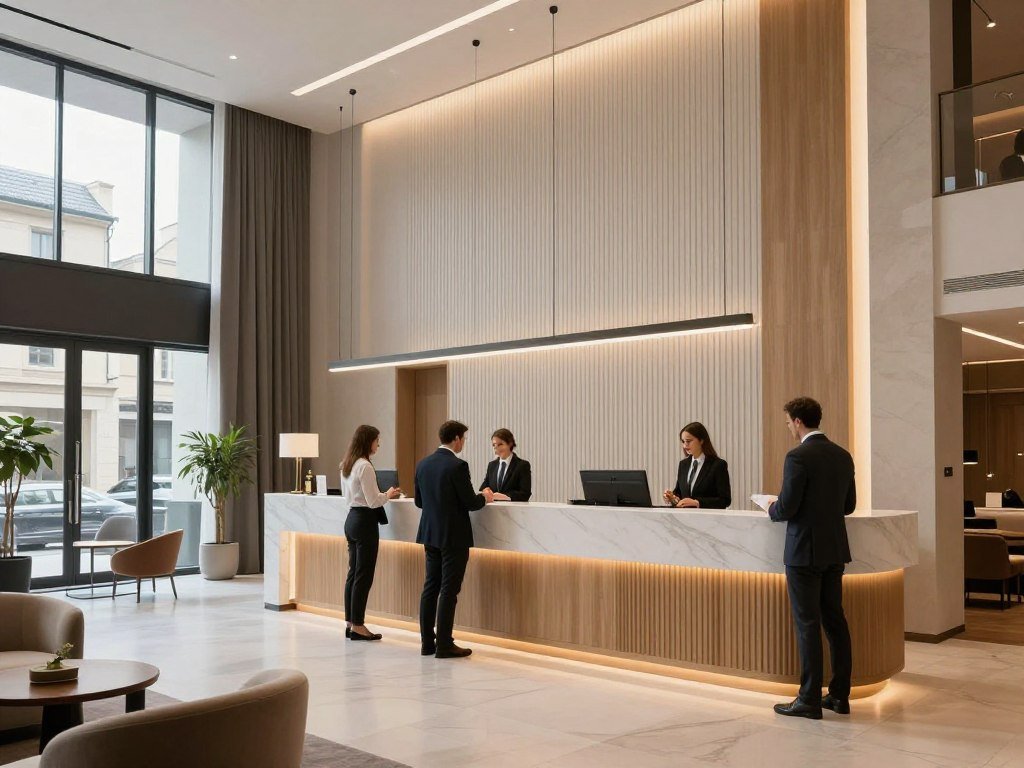 Modern hotel lobby in Luxembourg with contemporary design and business travelers