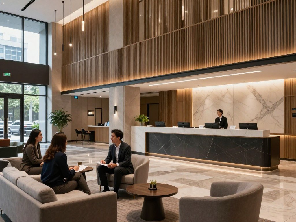 Modern hotel lobby with contemporary design and business traveler amenities