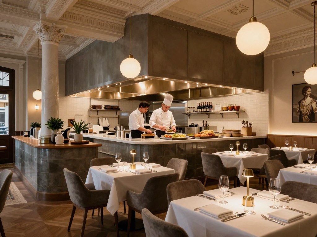 The Best Restaurants in Brussels 8 Modern interior of La Paix restaurant with chef preparing food