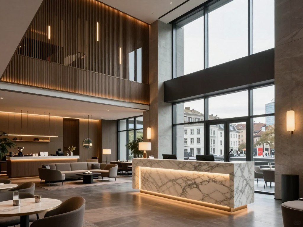 Modern luxury hotel lobby in Zurich with contemporary Swiss design elements