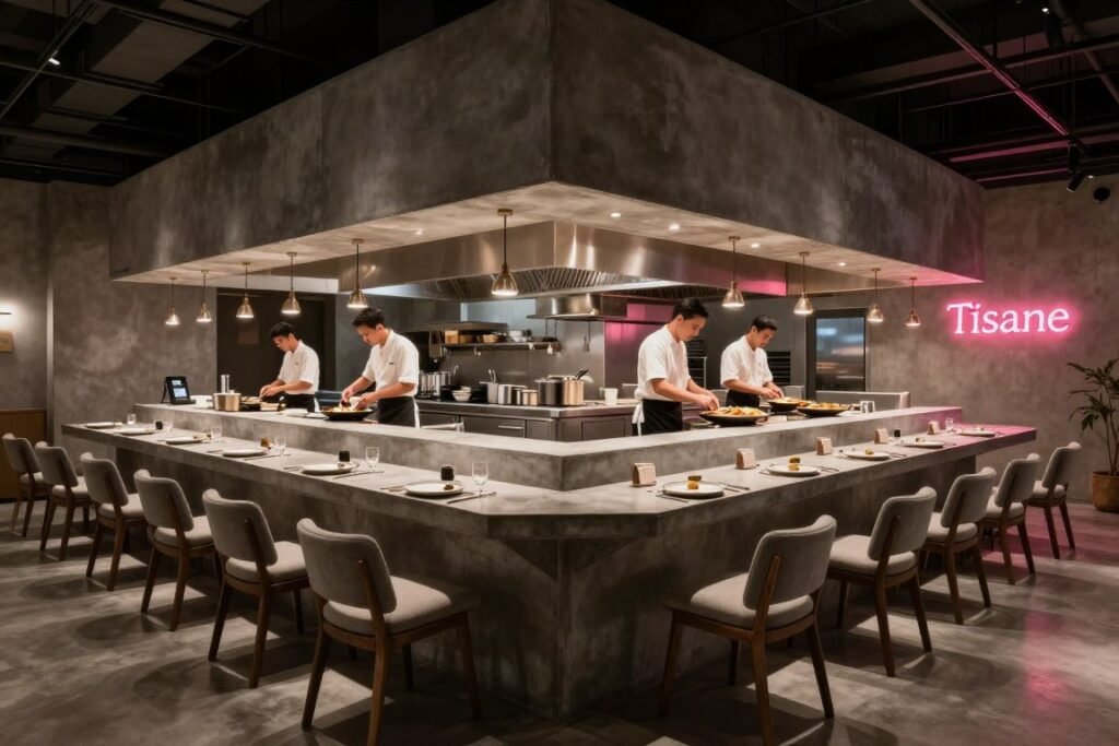 Modern restaurant interior at Tisane with concrete counter and open kitchen