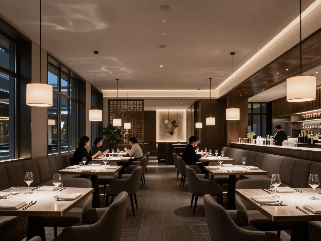Modern restaurant interior with sophisticated lighting and intimate seating