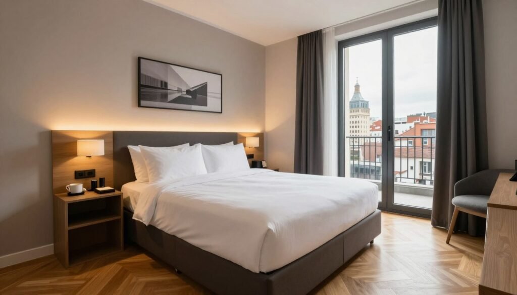 The Best Hotels in Brussels 4 Modern room at Catalonia Brussels hotel with comfortable furnishings and city views