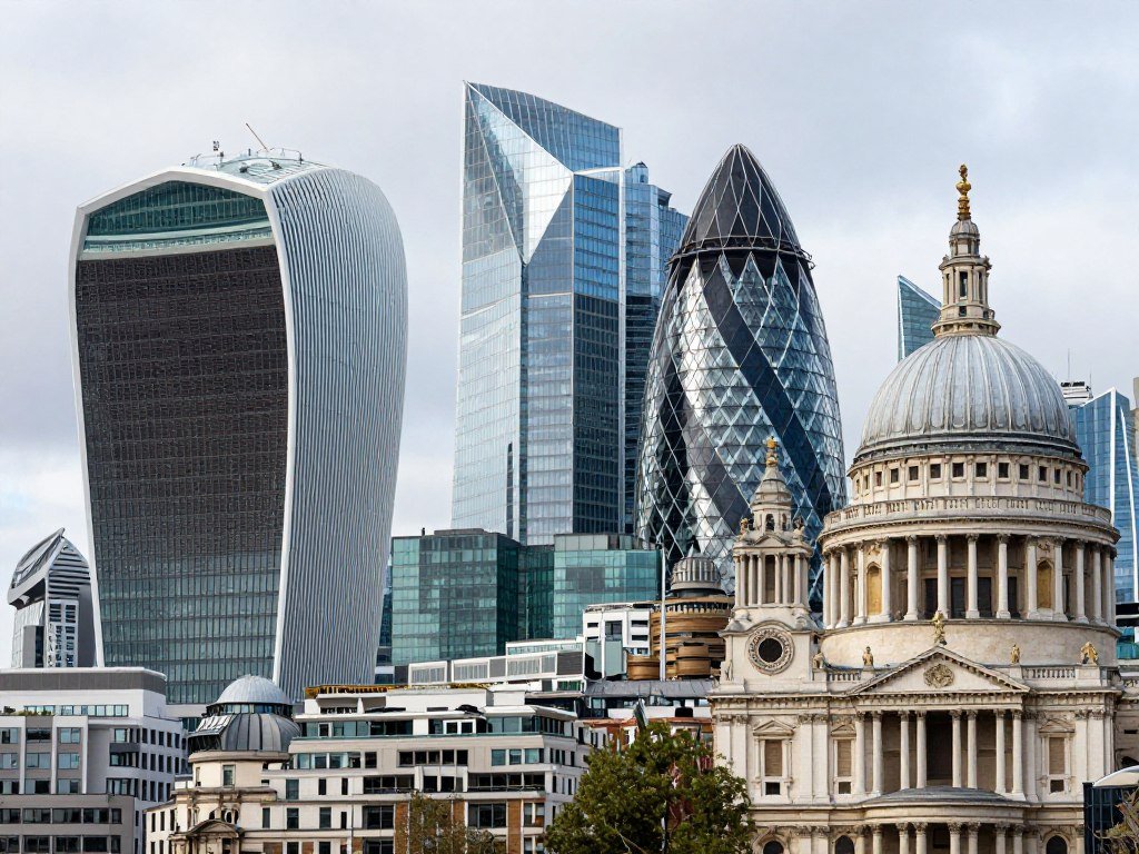 Modern skyscrapers of the City of London financial district contrasting with historic buildings, location of some of the best hotels in London England