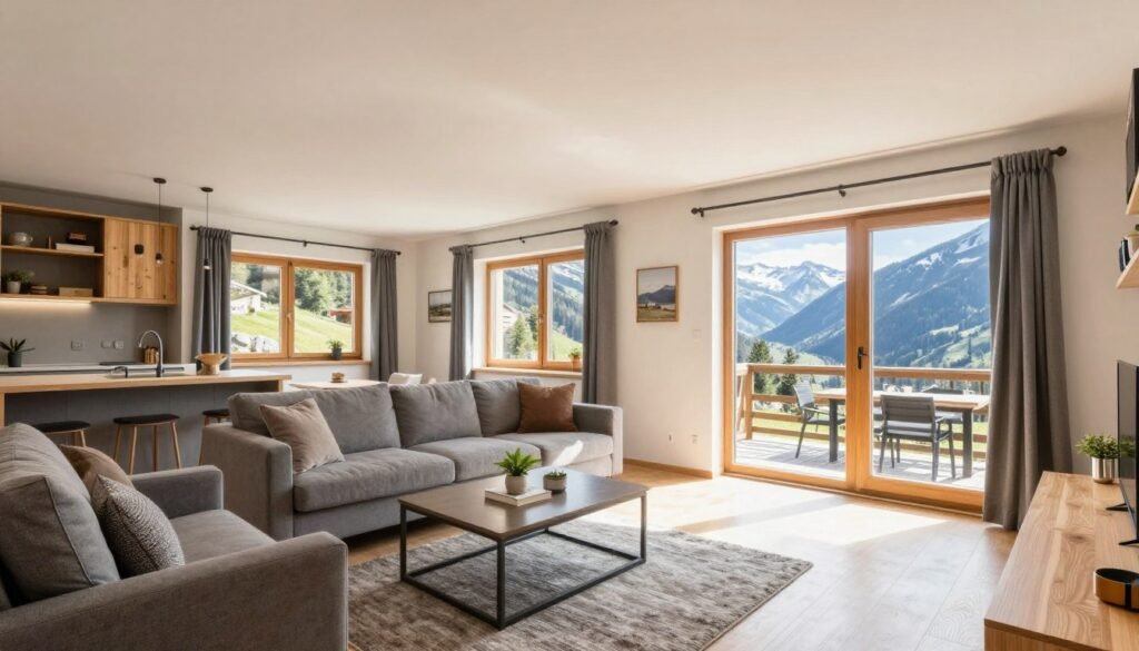 The Best Hotels in Vaduz 24 Modern vacation apartment interior in Vaduz with kitchen and living area