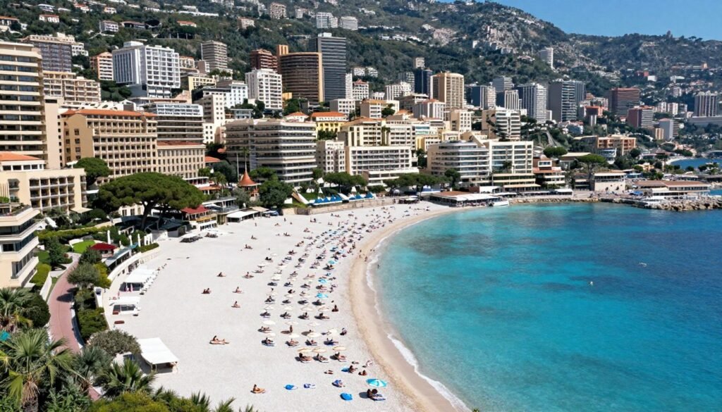 Monaco beach with luxury hotels and beach clubs along coastline