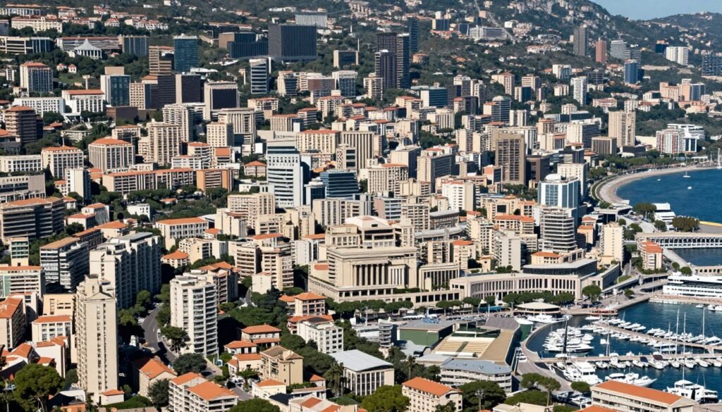 Monaco neighborhoods aerial view with districts labeled