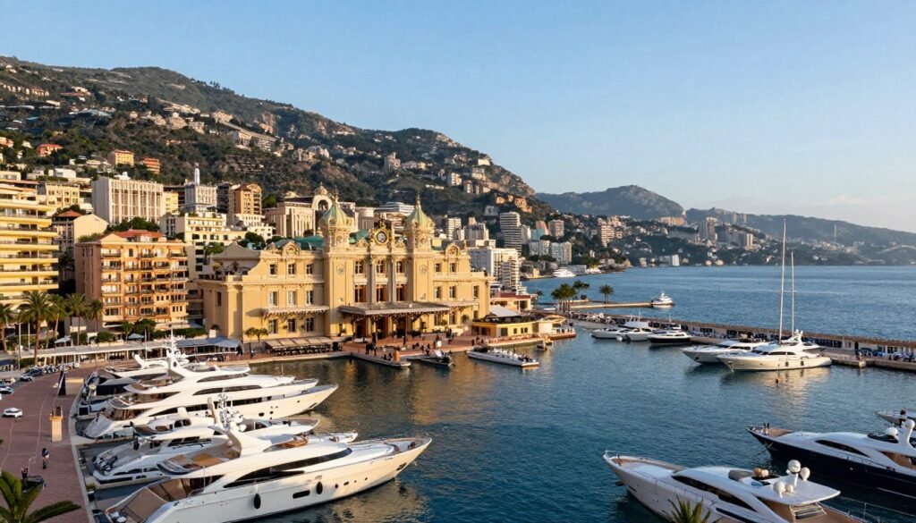Monaco panoramic view showing Monte Carlo harbor with luxury yachts and hillside buildings