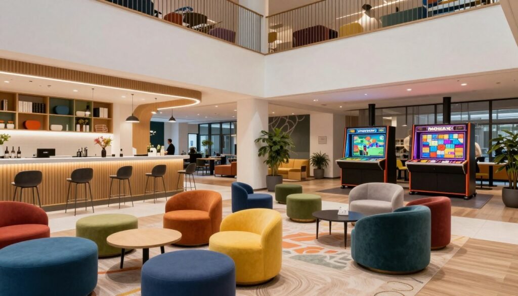 Moxy Utrecht hotel lobby with playful modern design