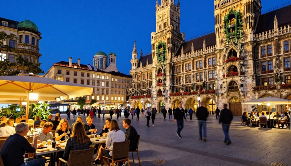Munich nightlife scene with illuminated buildings and people