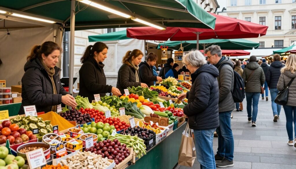Naschmarkt in Vienna with colorful food stalls and vendors selling fresh produce
