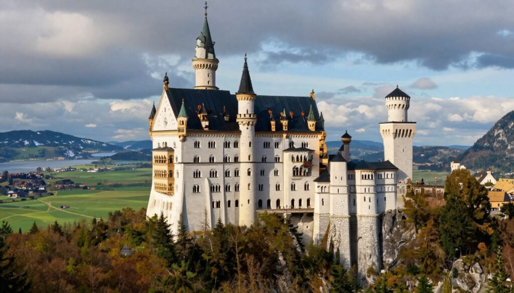 Neuschwanstein Castle on mountain peak with Alps