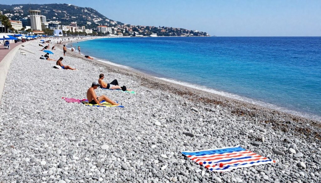 Nice's famous pebble beach with blue Mediterranean waters and beachgoers enjoying the sun - things to do in Nice
