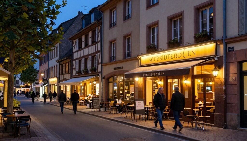 Nighttime view of Differdange restaurant district
