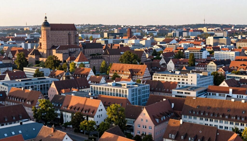 Nuremberg cityscape with various hotels visible across different districts