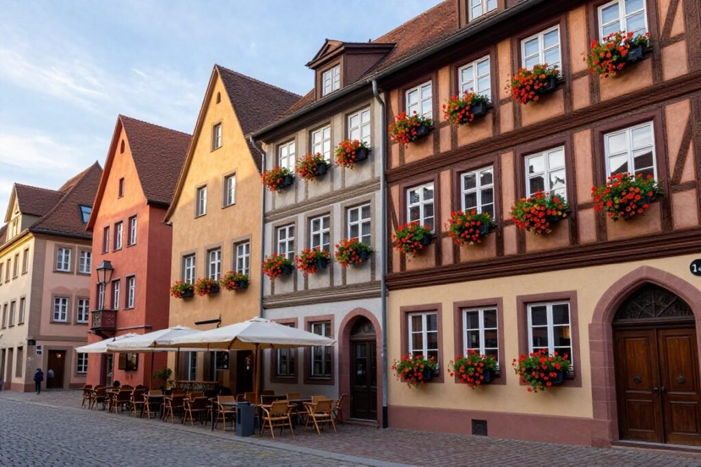 Nuremberg old town hotels along cobblestone streets with historic facades