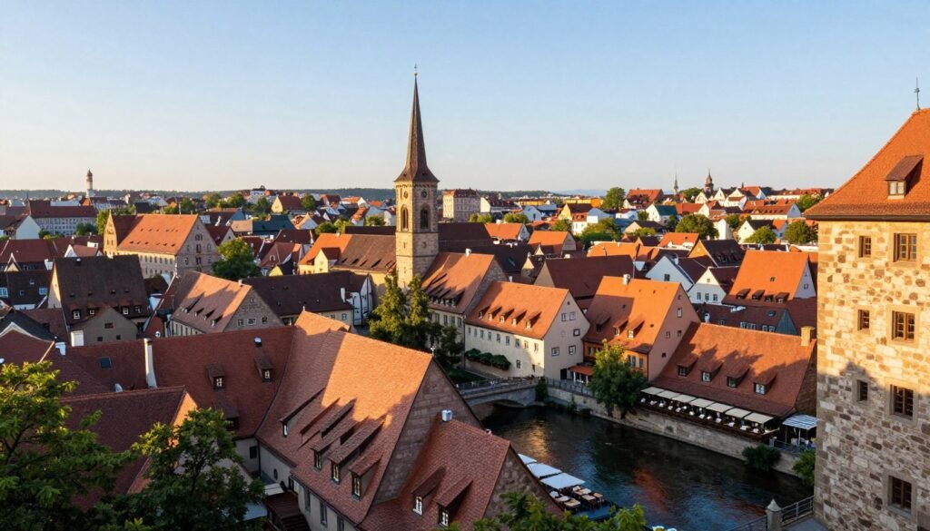 Nuremberg old town panoramic view with restaurants and historic buildings