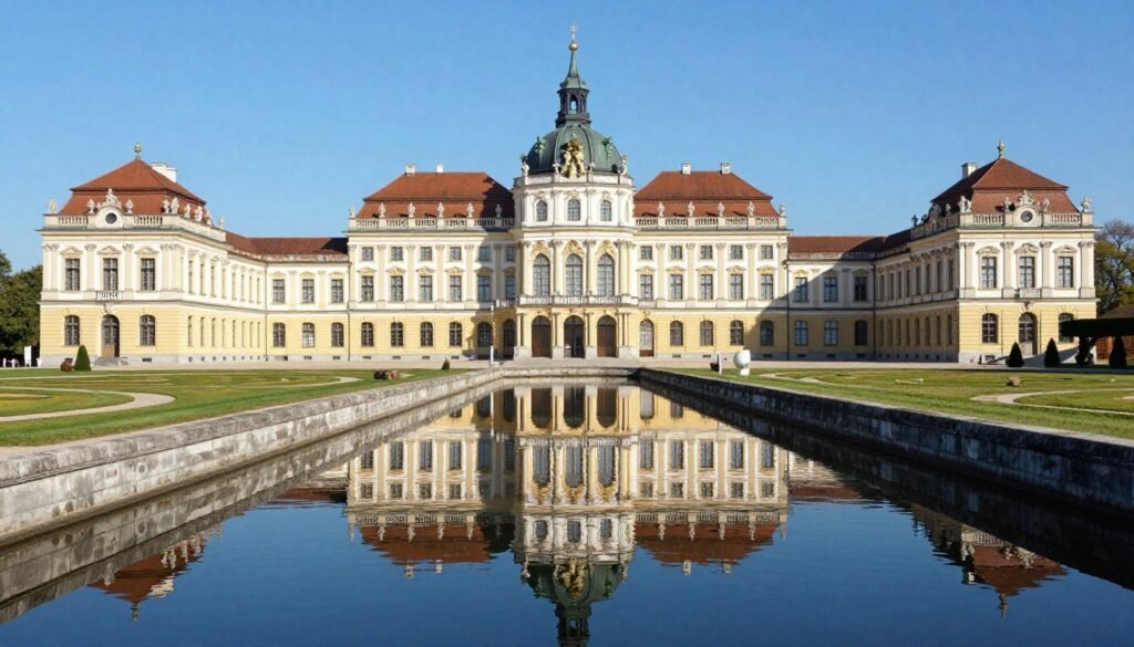 Nymphenburg Palace exterior with reflection in canal