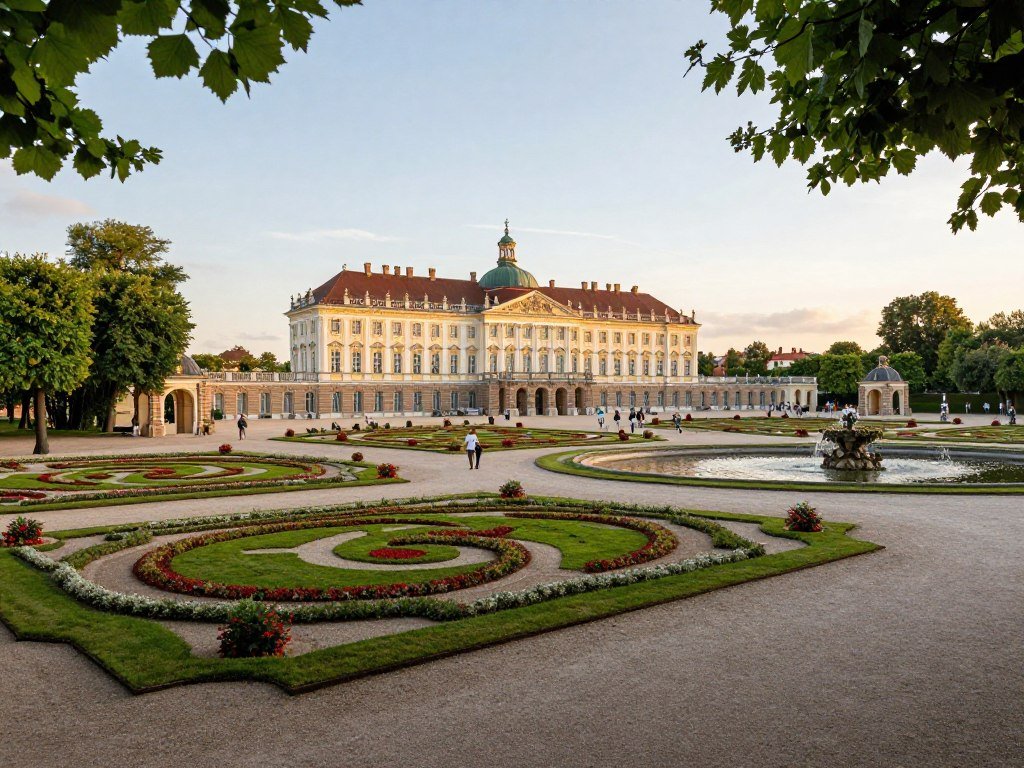Nymphenburg Palace gardens with baroque pavilions