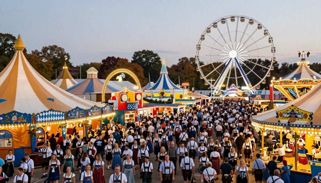 Oktoberfest crowds and beer tents with ferris wheel