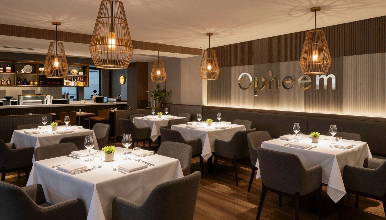 Opheem restaurant interior in Birmingham England with elegant table settings