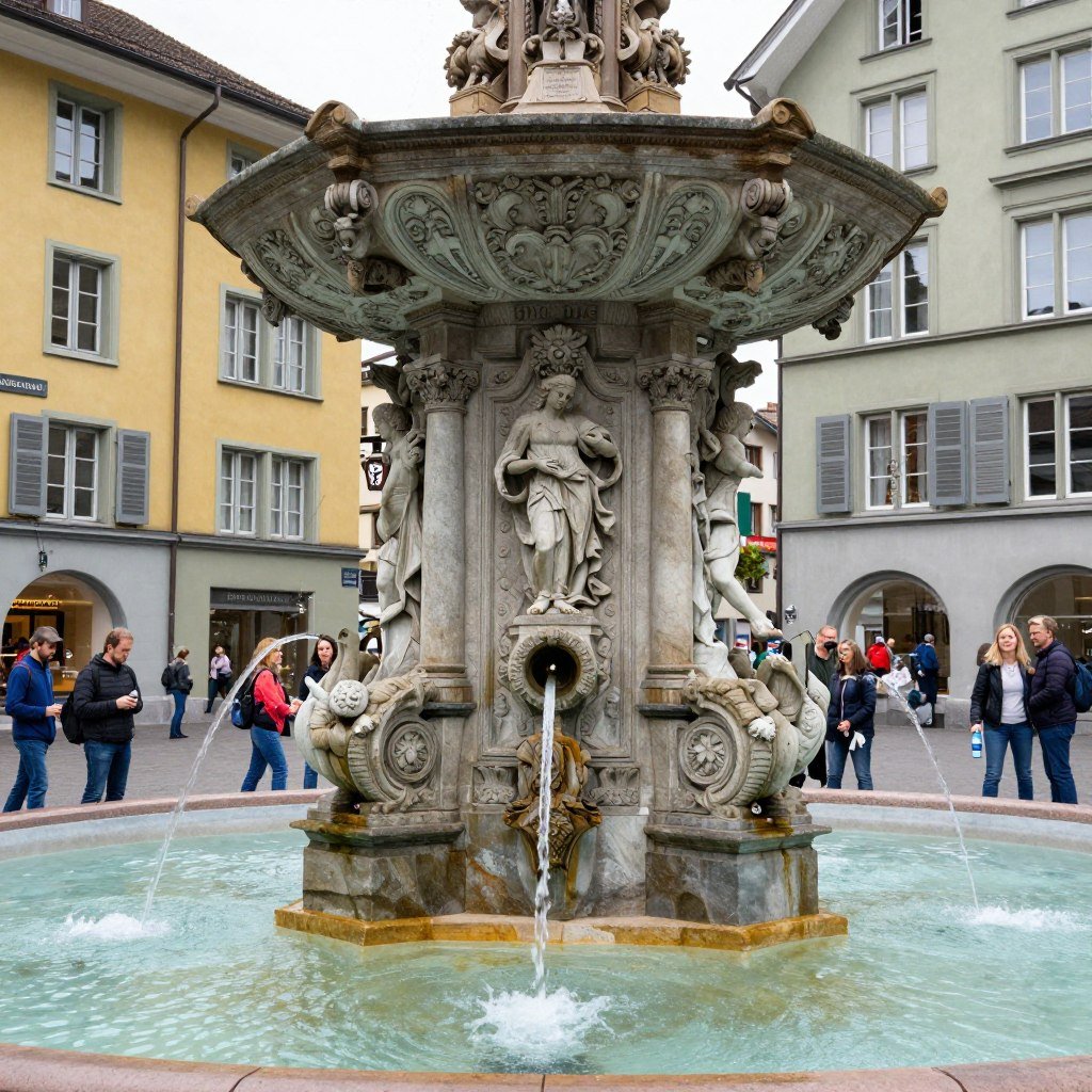 Ornate historic fountain in Zurich with decorative sculptures