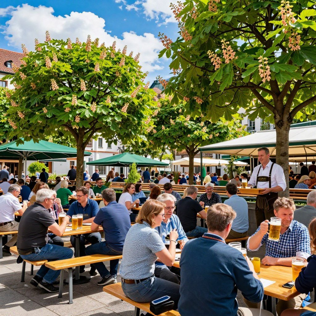 Outdoor beer garden opening in spring sunshine