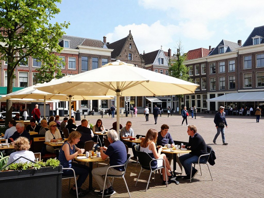 Outdoor cafe terrace in Grote Markt Haarlem Netherlands with diners enjoying meals