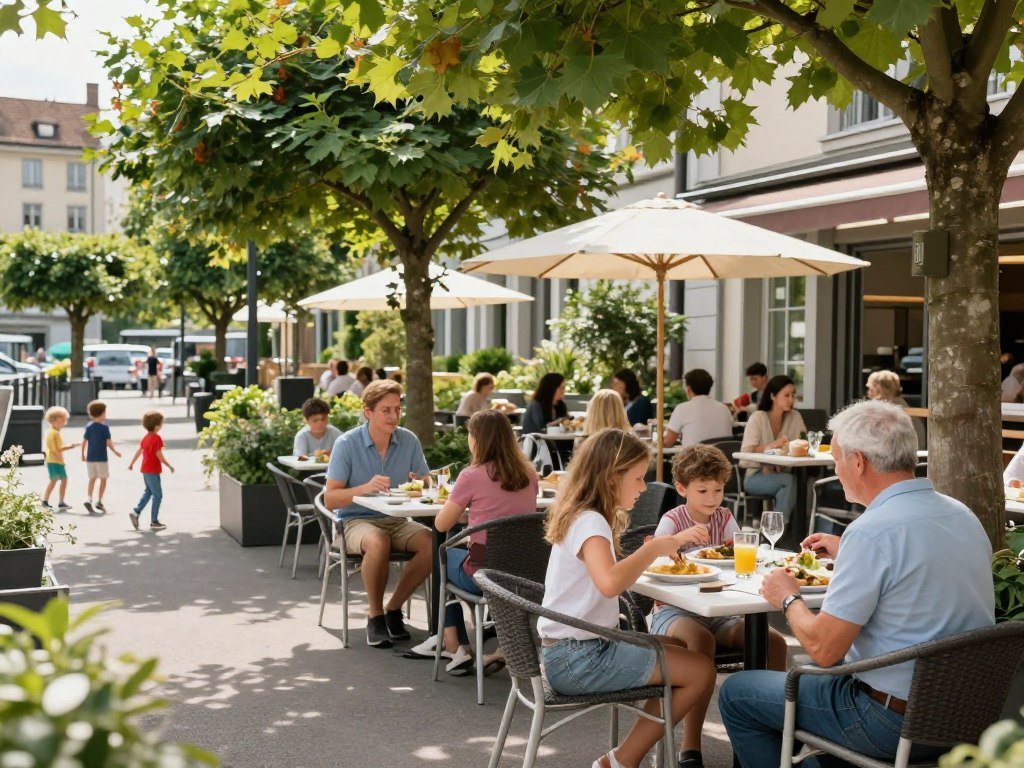 Outdoor restaurant terrace with families dining