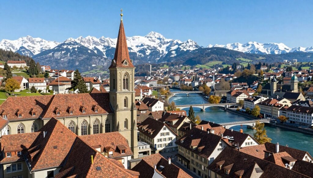 The Best Things to Do in Bern 7 Panoramic view from Bern Cathedral tower showing Old Town and Alps