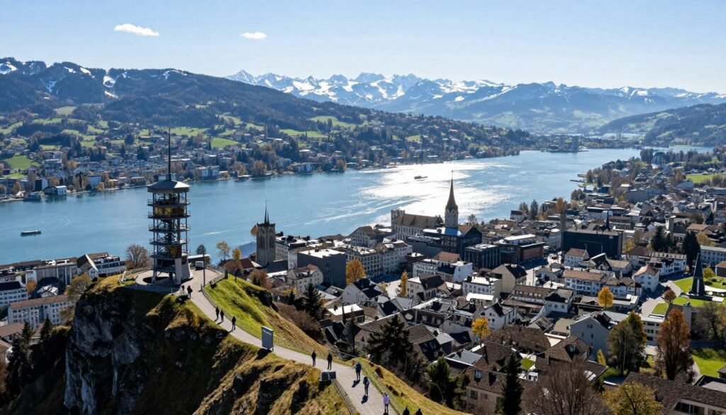 Panoramic view from Uetliberg mountain overlooking Zurich, lake, and Alps