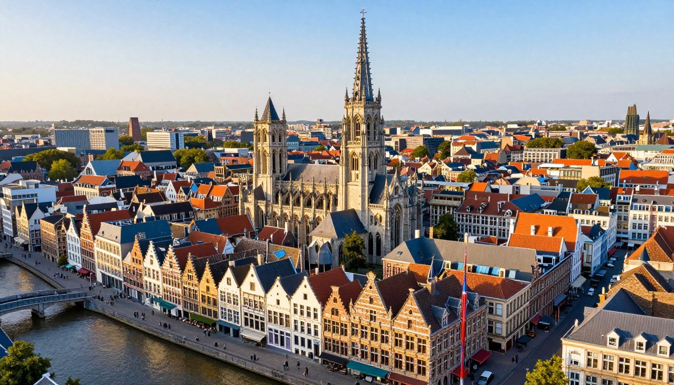 Panoramic view of Antwerp showing the cathedral spire and historic buildings along the Scheldt River