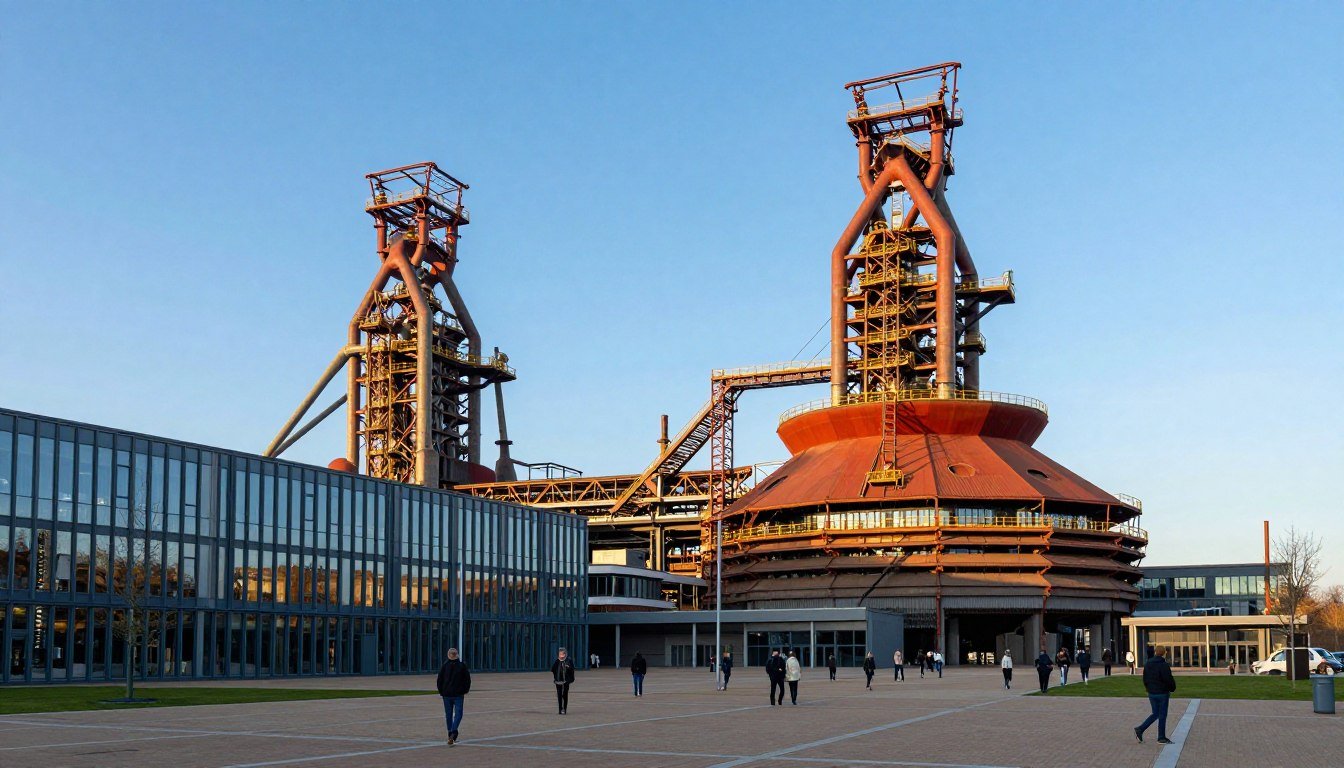 Panoramic view of Belval blast furnaces in Esch-sur-Alzette Luxembourg with red-brick industrial architecture against blue sky