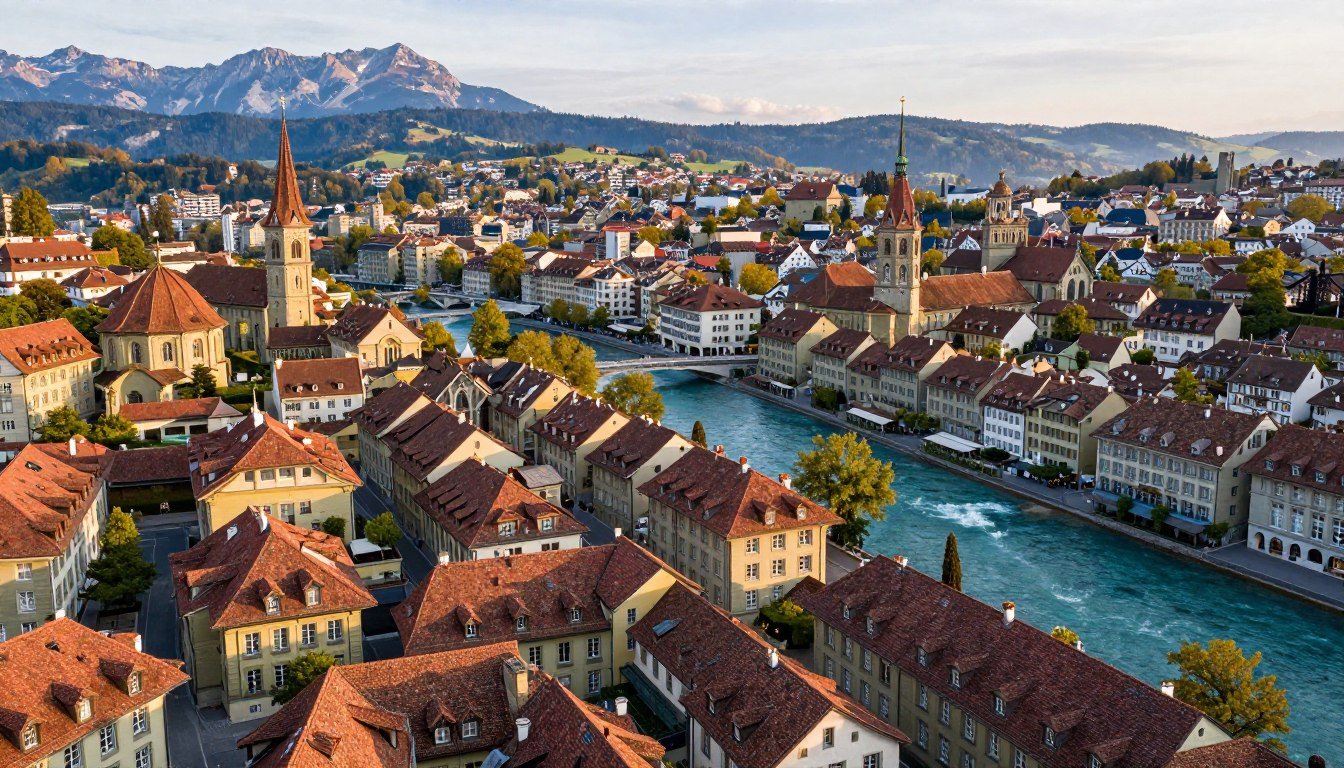 Panoramic view of Bern Old Town with red-tiled roofs and the Aare River