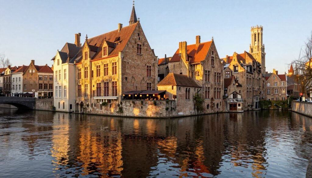 Panoramic view of Bruges canals with hotels along the waterfront