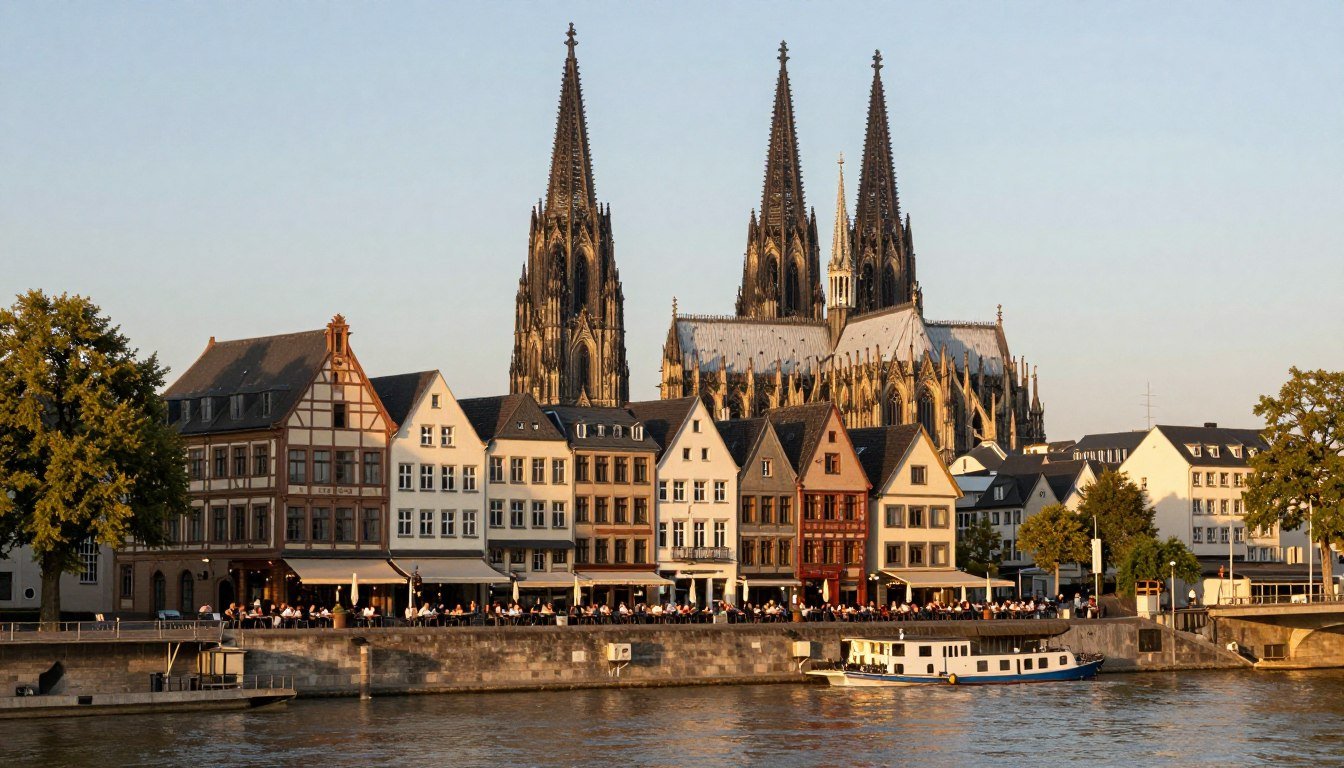 Panoramic view of Cologne's Old Town restaurants along the Rhine River with the cathedral in background