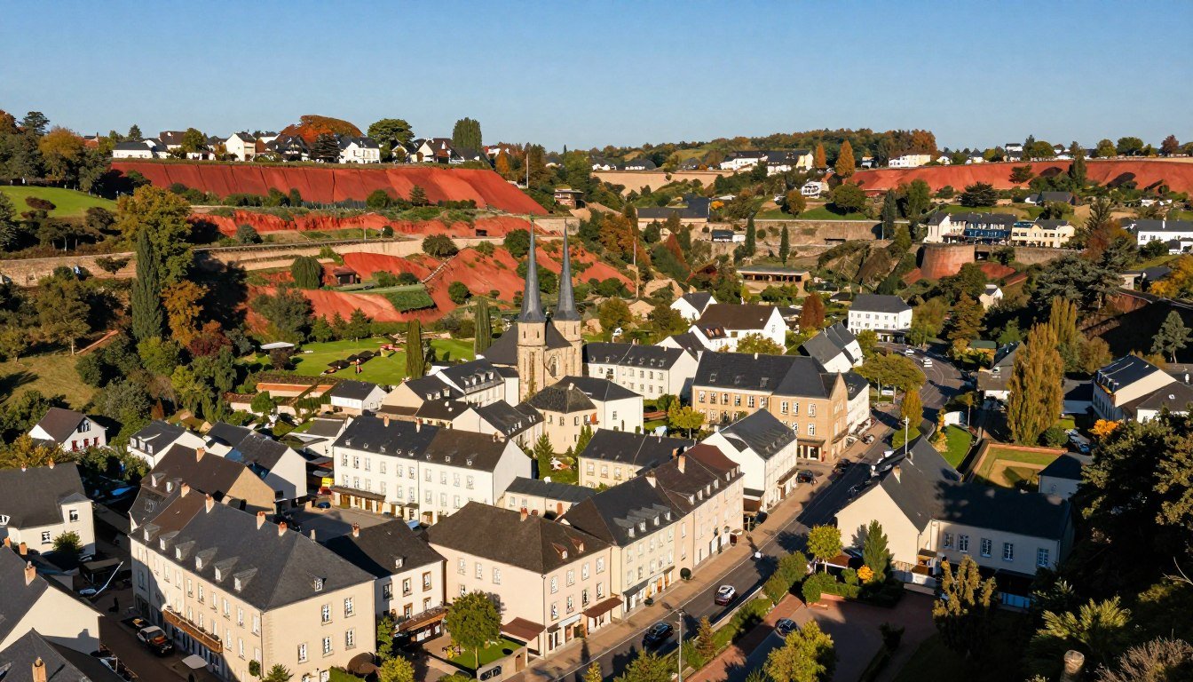 Panoramic view of Differdange with historic buildings and red earth landscape
