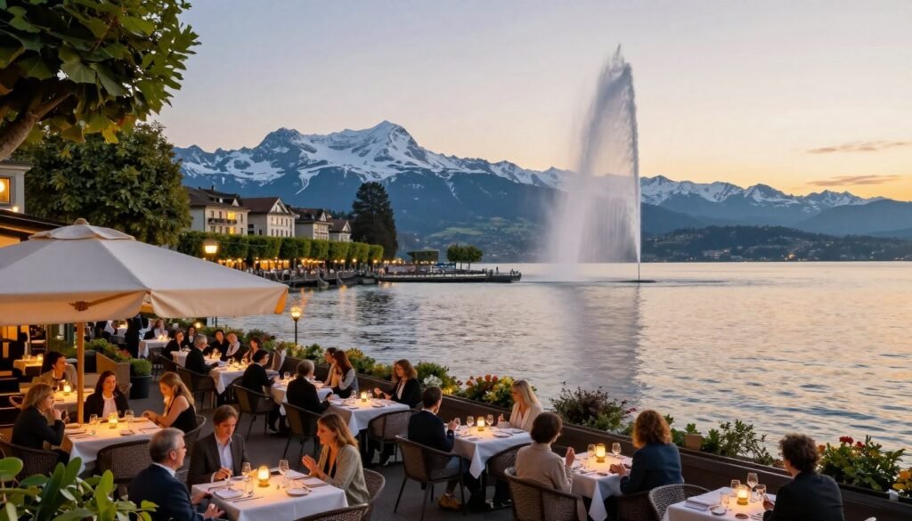 Panoramic view of Geneva restaurants along Lake Geneva waterfront with Mont Blanc in background