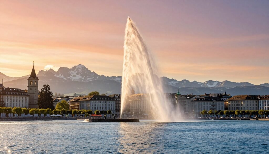 Panoramic view of Lake Geneva with Jet d'Eau fountain and Mont Blanc in the background during sunset