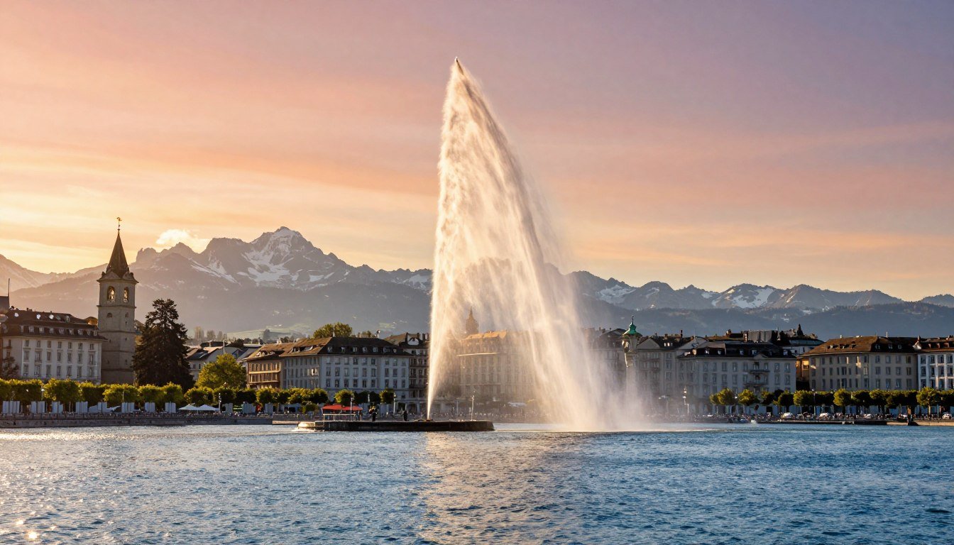 Panoramic view of Lake Geneva with Jet d'Eau fountain and Mont Blanc in the background during sunset