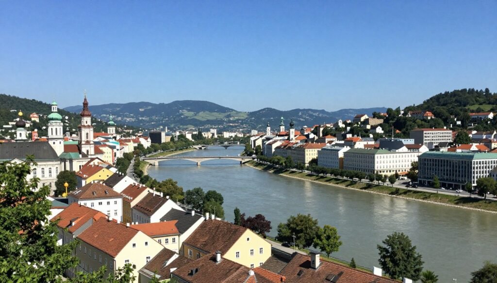 Panoramic view of Linz with the Danube River and colorful buildings of the Old Town