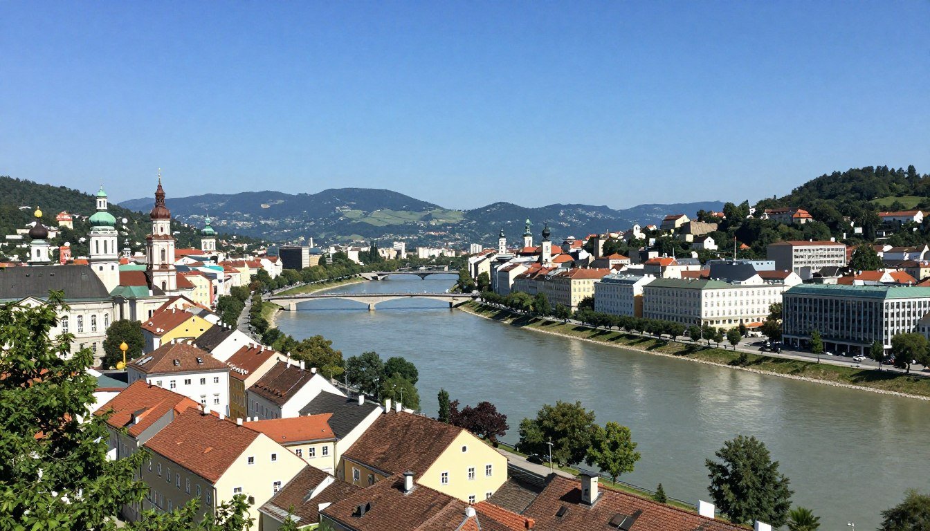 Panoramic view of Linz with the Danube River and colorful buildings of the Old Town