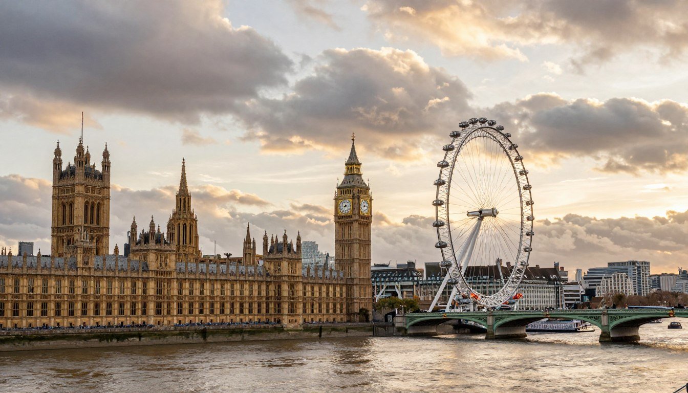 Panoramic view of London skyline showing iconic landmarks like Big Ben, London Eye, and the Thames River