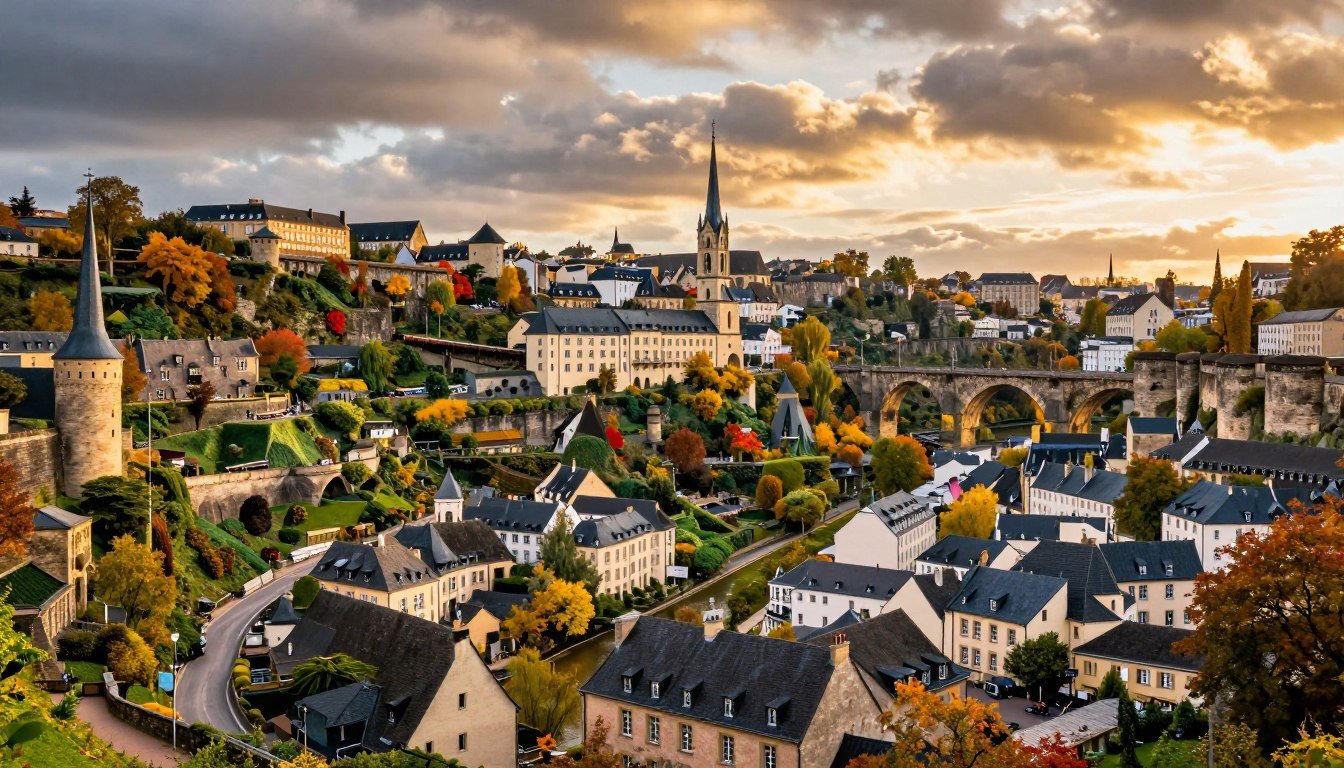 Panoramic view of Luxembourg City old town with fortifications