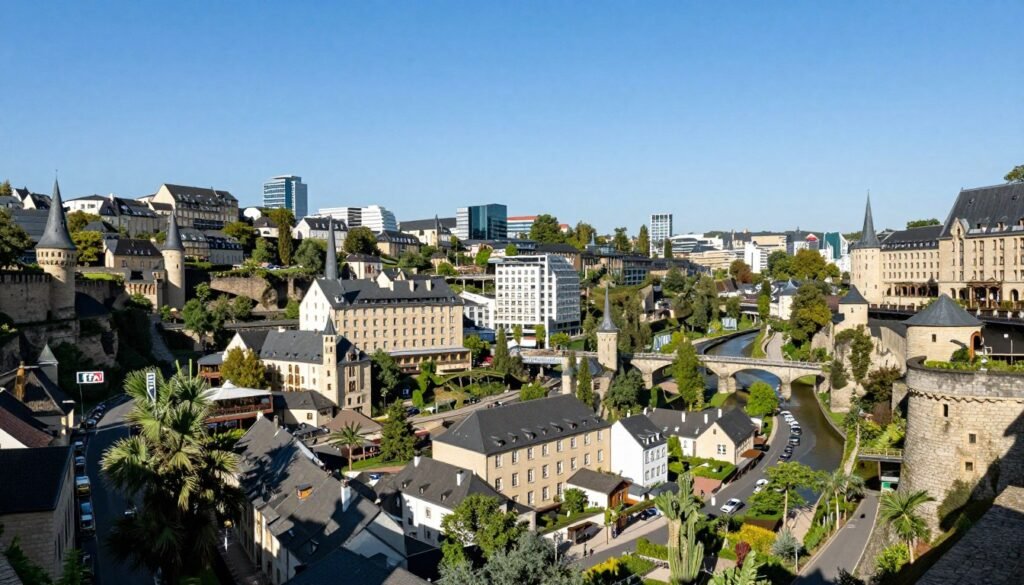 Panoramic view of Luxembourg City skyline with historic fortifications and modern hotels