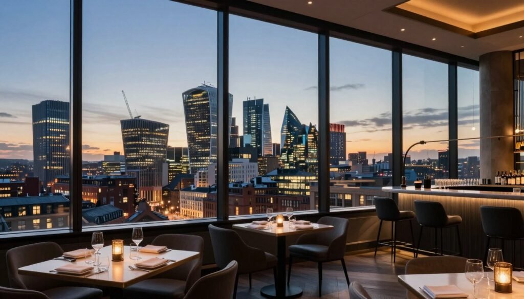 Panoramic view of Manchester skyline from 20 Stories restaurant