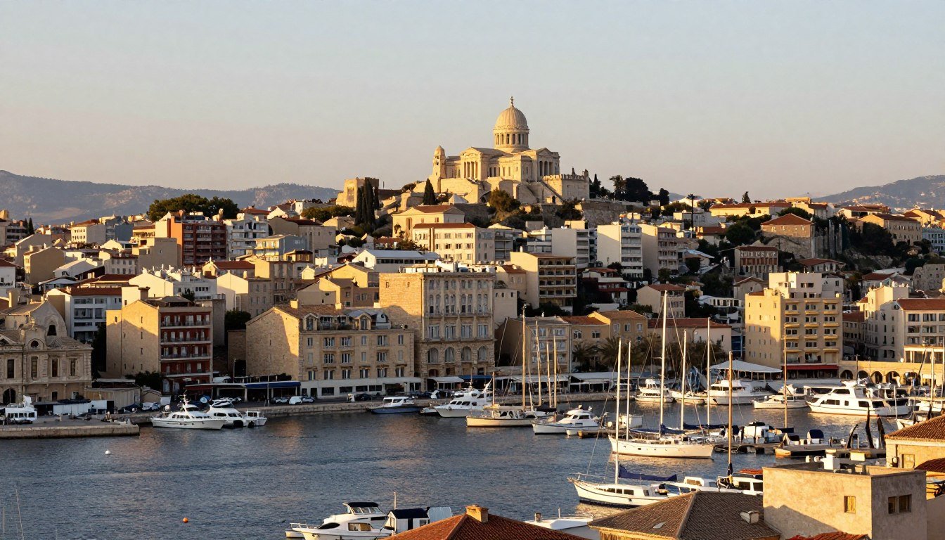 Panoramic view of Marseille's Old Port with hotels along the harbor and Notre-Dame de la Garde basilica in the background