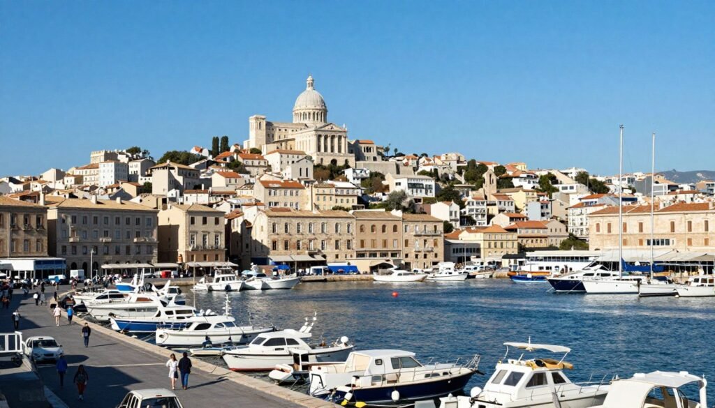 The Best Things to Do in Marseille 111 Panoramic view of Marseille's Vieux Port with boats and Notre-Dame de la Garde basilica in the background