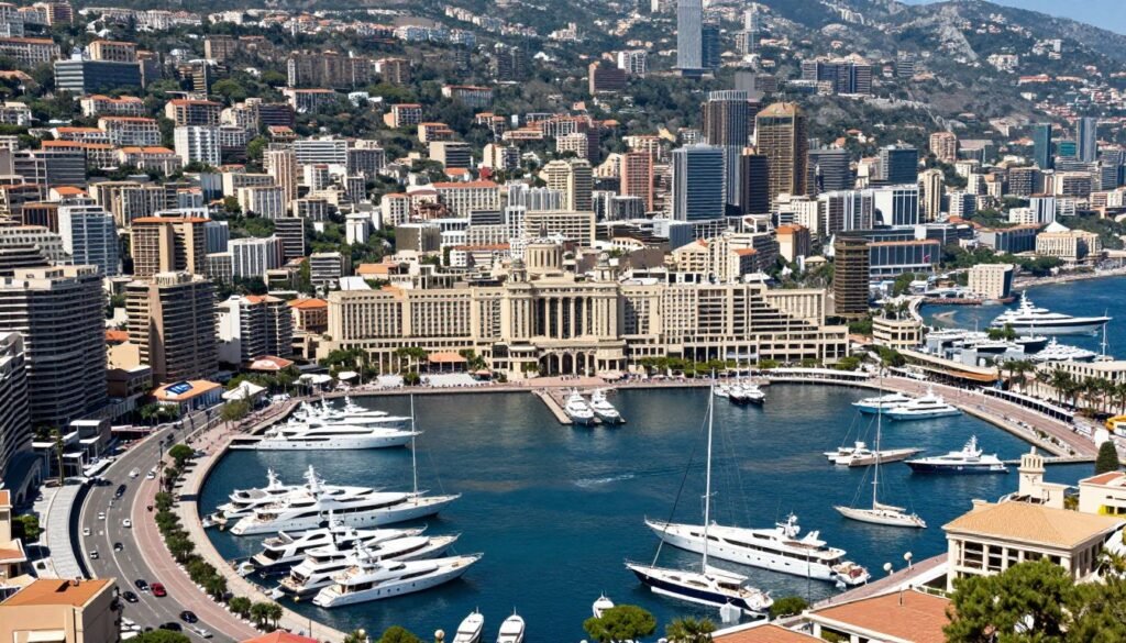 Panoramic view of Monaco hotels along the Mediterranean coastline with luxury yachts